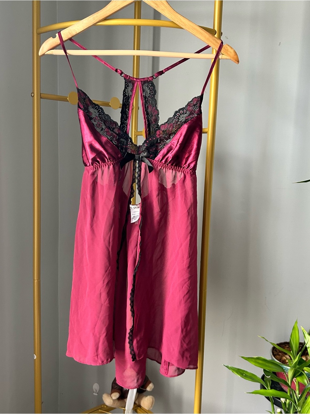 Linea Donatella lingerie burgundy Chemise set with Black Lace Trim size S NEW